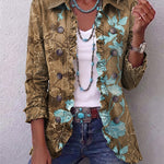 Lily olive botanical ruffle jacket in Olive & Turquoise Floral, front view