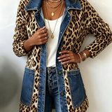 Nora leopard and denim longline jacket, front view