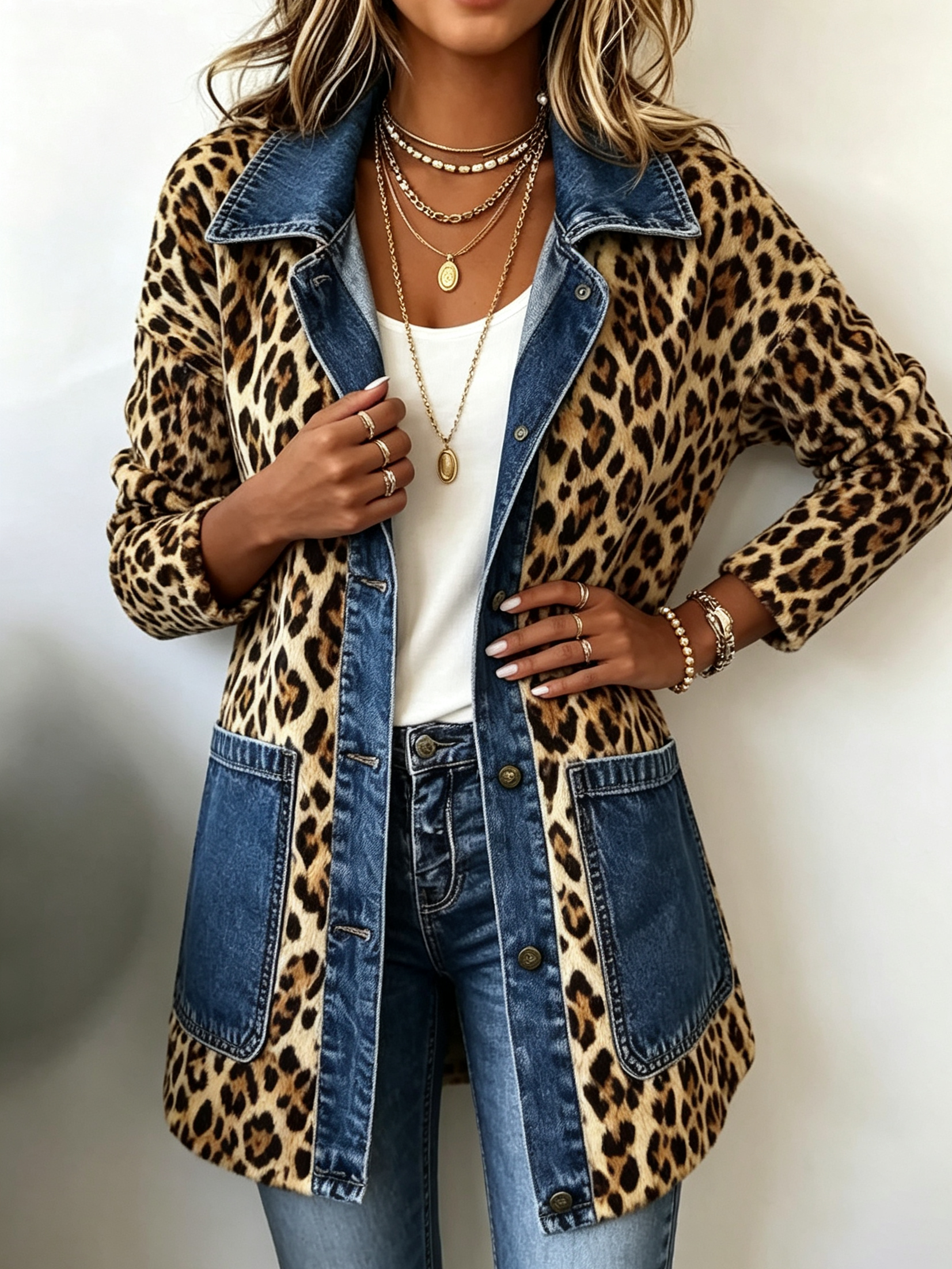 Nora leopard and denim longline jacket, front view