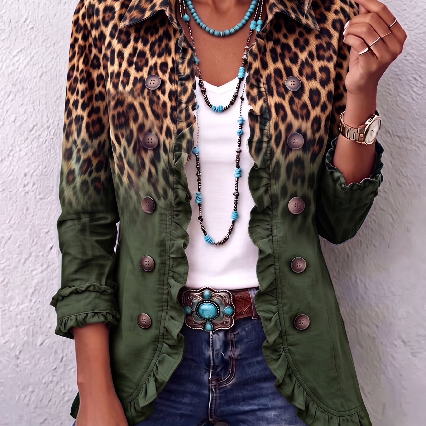 Emma leopard ombré ruffle jacket in Green, view 7