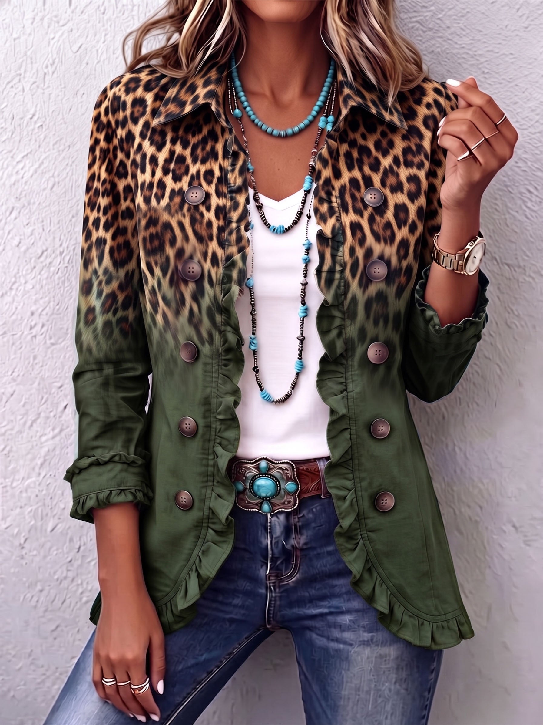 Emma leopard ombré ruffle jacket in Green, view 7