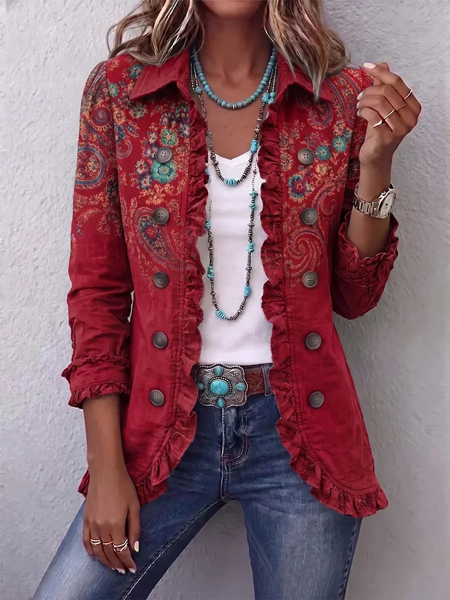 Sophia deep red paisley ruffle jacket, front view