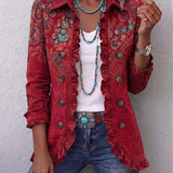 Sophia deep red paisley ruffle jacket, front view