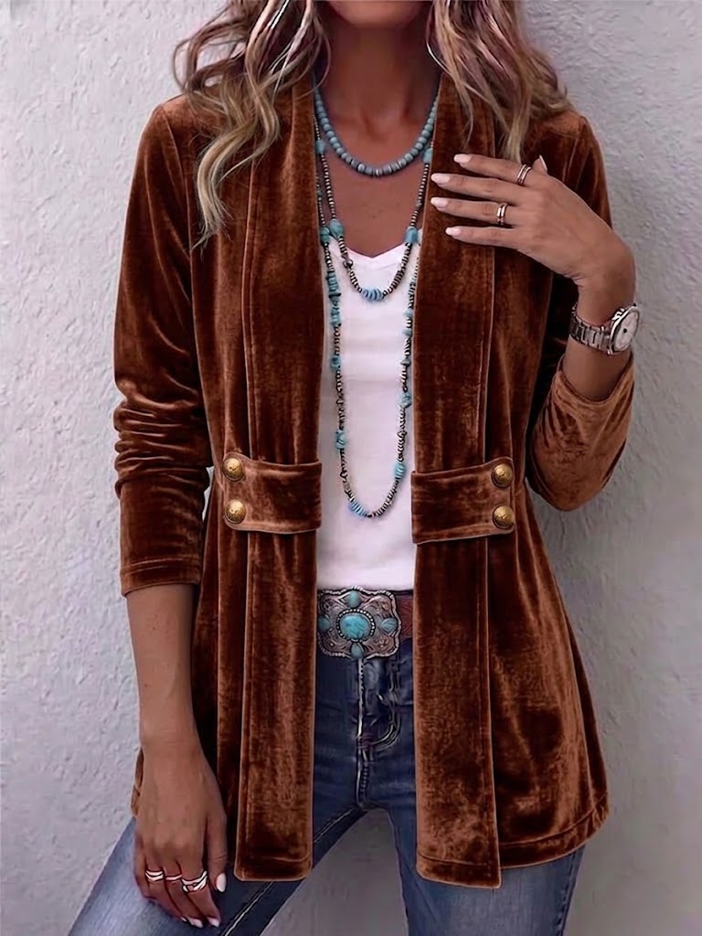 Avery velvet open-front jacket in Dark Brown, front view
