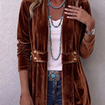 Avery velvet open-front jacket in Dark Brown, front view