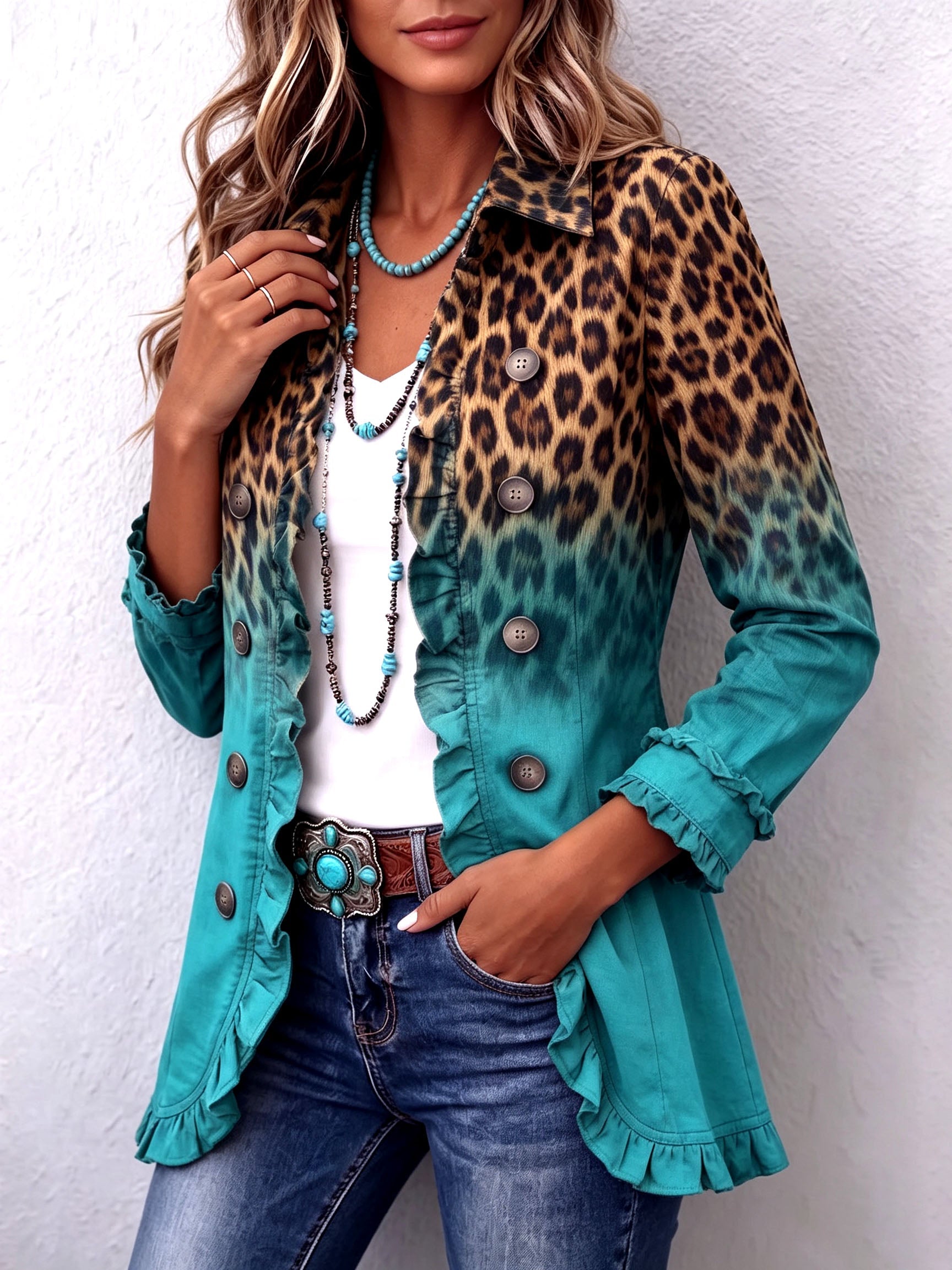 Emma leopard ombré ruffle jacket, view 2