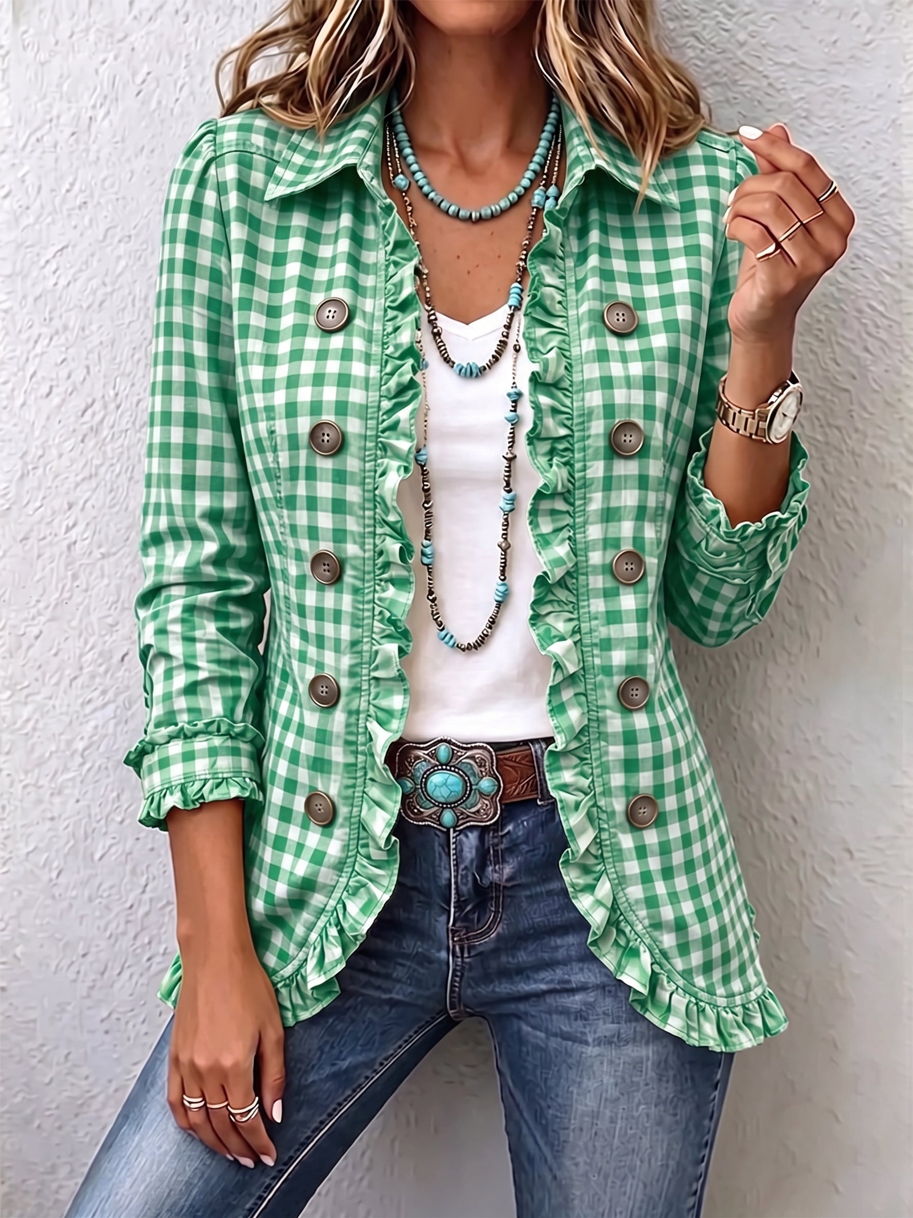 Evelyn gingham ruffle jacket in Green, front view