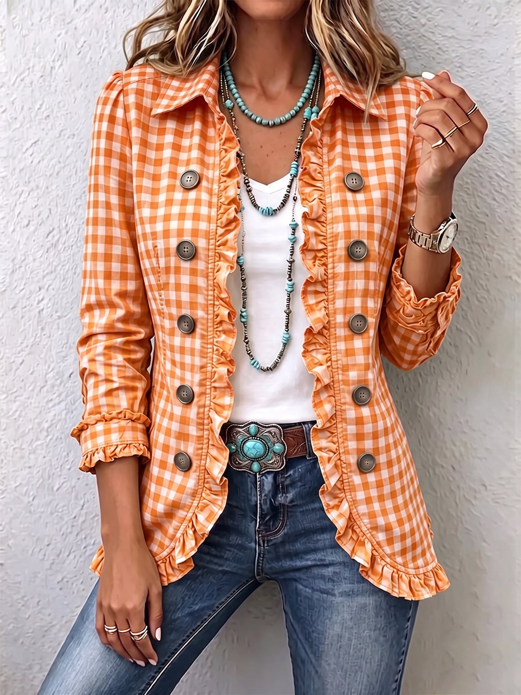 Evelyn gingham ruffle jacket in Orange, view 2