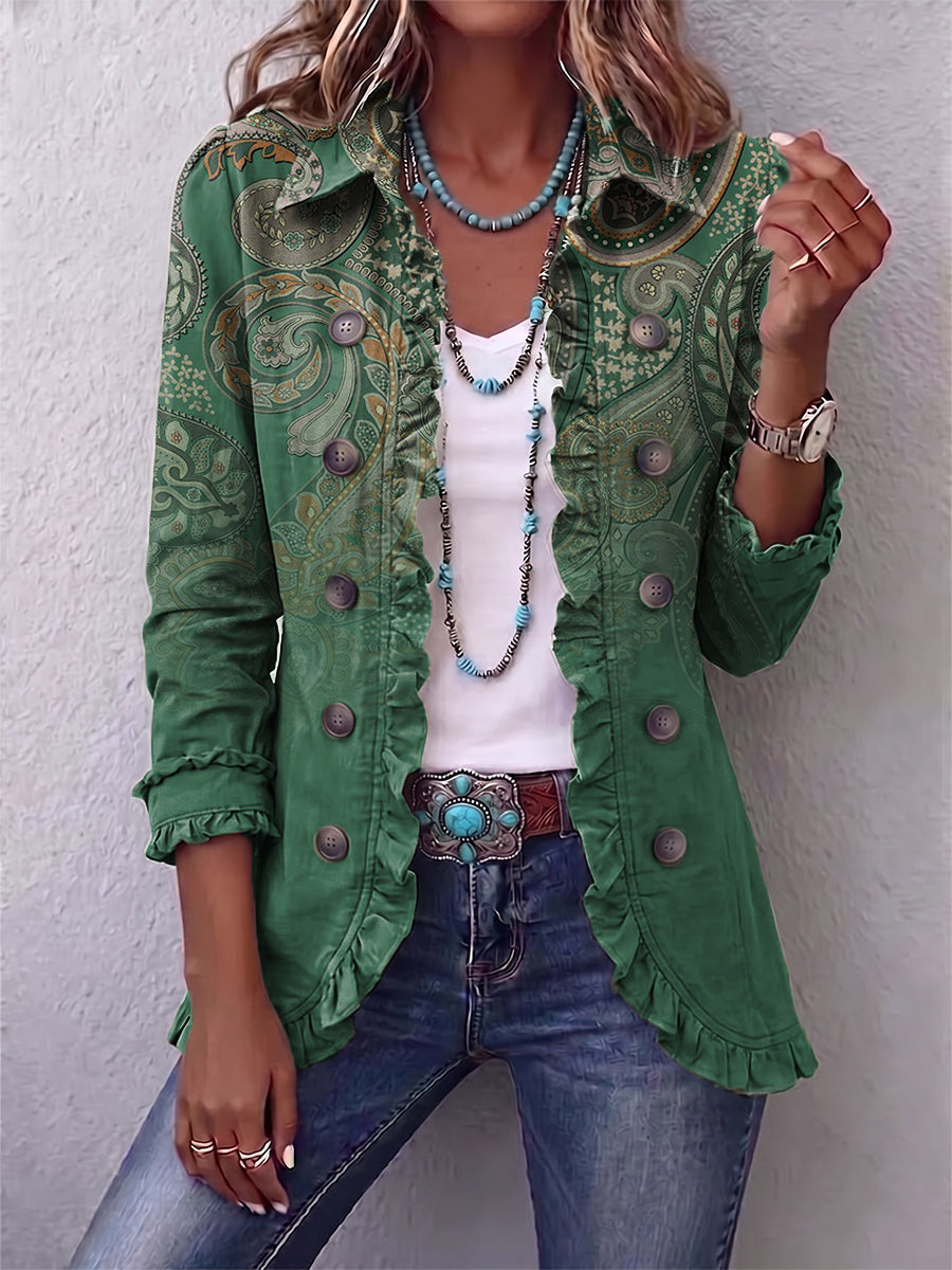 Aria green paisley ruffle jacket, front view