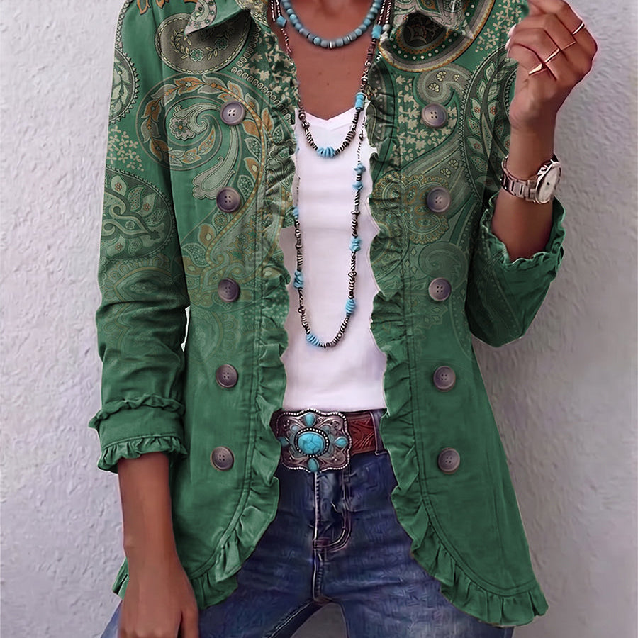 Aria green paisley ruffle jacket, front view