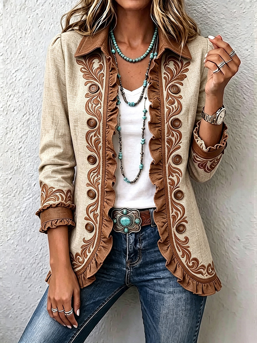 Scarlett cream embroidered ruffle jacket in Tan & Brown, front view