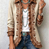 Scarlett cream embroidered ruffle jacket in Tan & Brown, front view