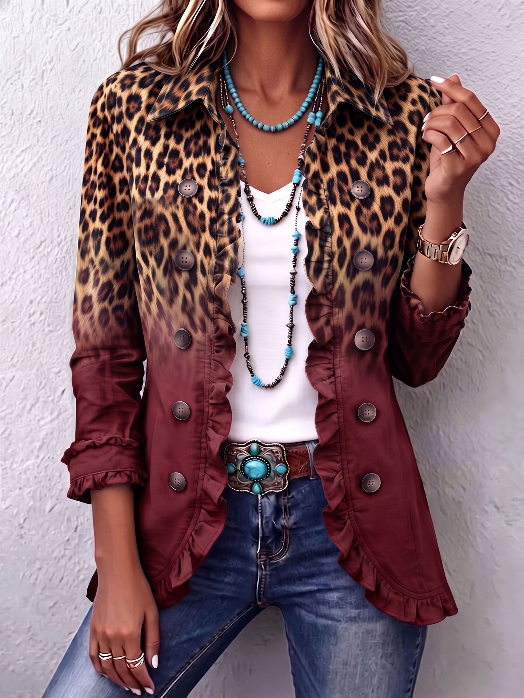 Emma leopard ombré ruffle jacket in Wine, view 5