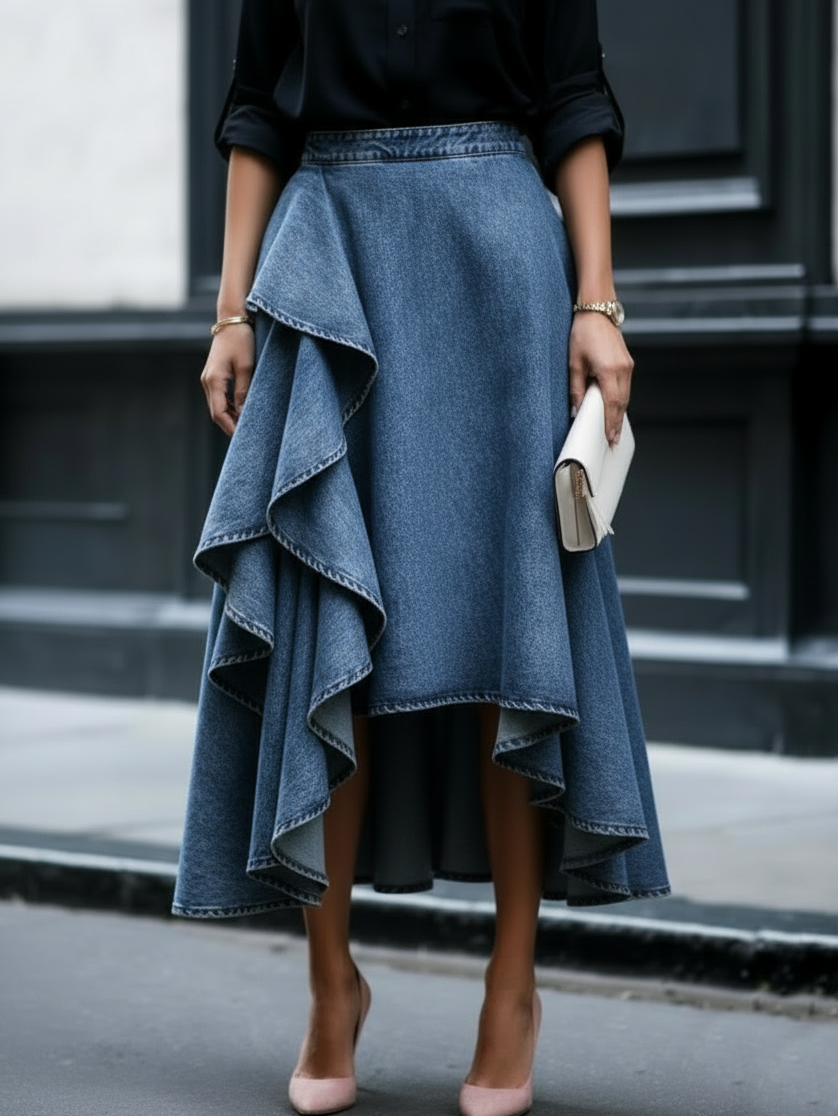 Layered ruffle denim skirt in Blue, front view