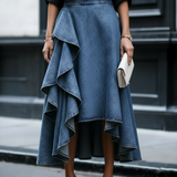 Layered ruffle denim skirt in Blue, front view