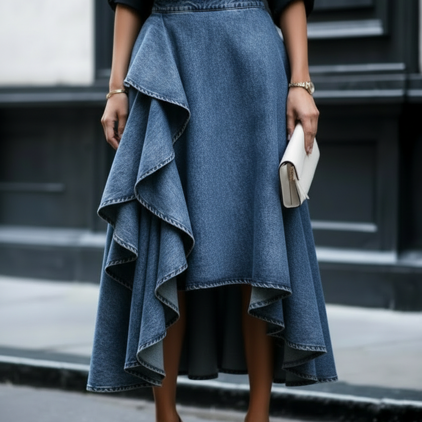 Layered ruffle denim skirt in Blue, front view