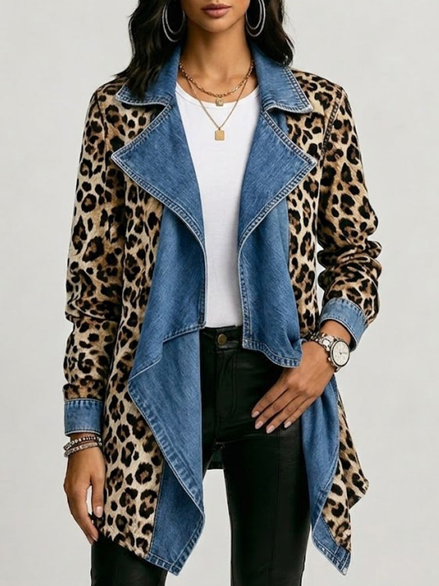 Victoria leopard and denim waterfall jacket in Khaki, front view