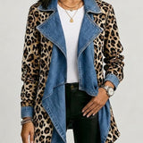 Victoria leopard and denim waterfall jacket in Khaki, front view