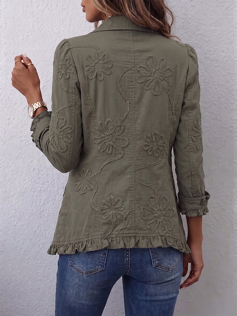 Olivia khaki embroidered ruffle jacket, view 2
