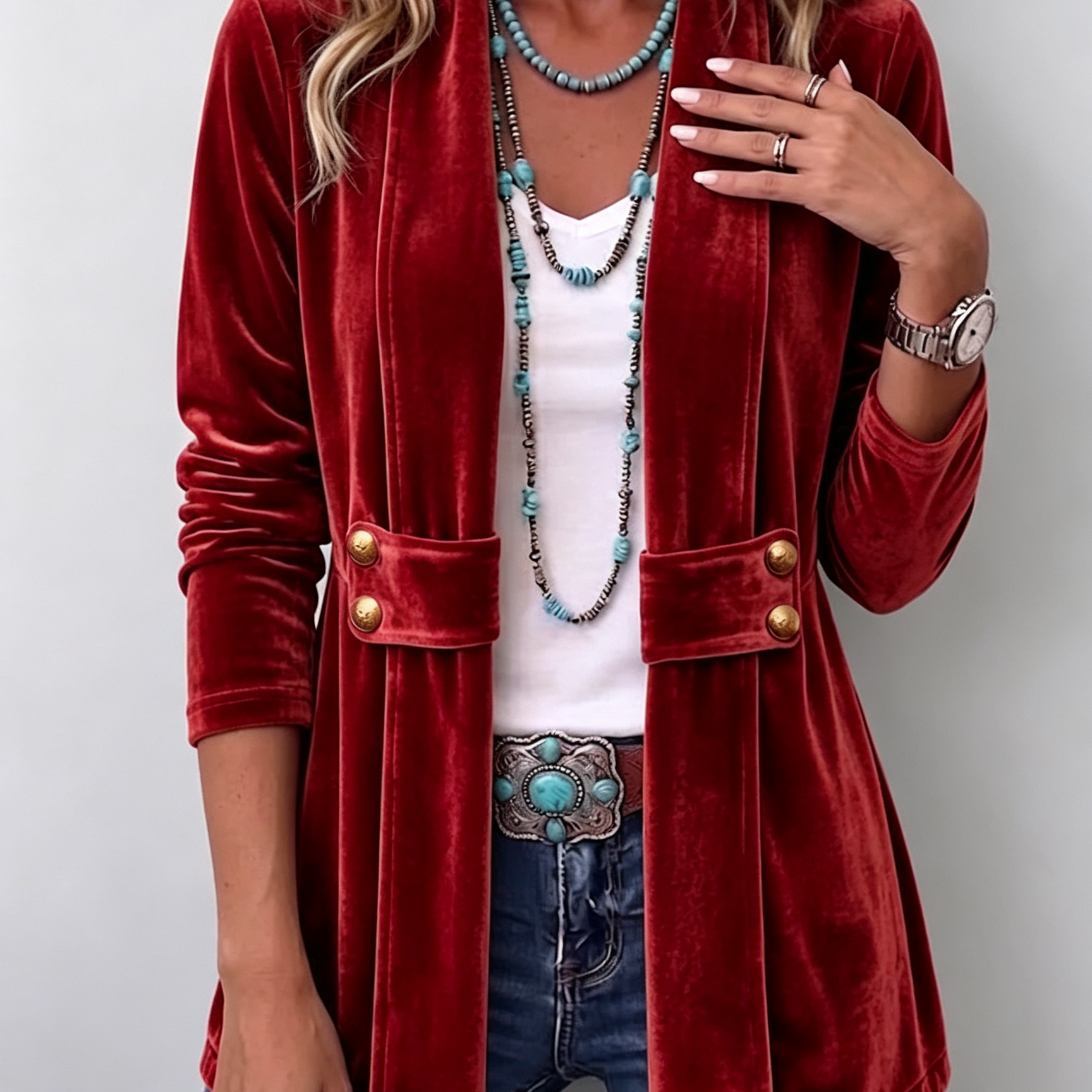 Avery velvet open-front jacket in Red, view 6