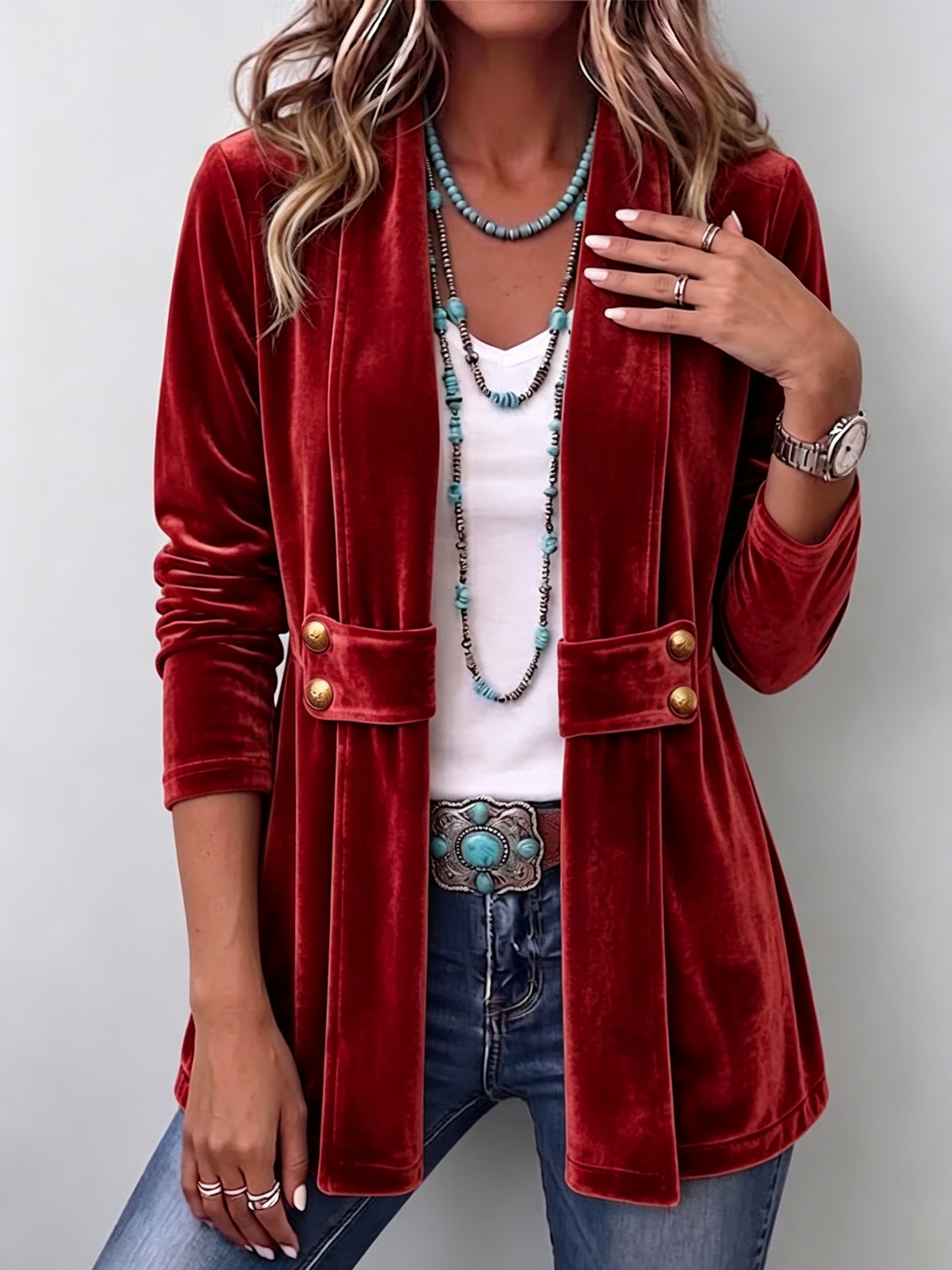 Avery velvet open-front jacket in Red, view 6