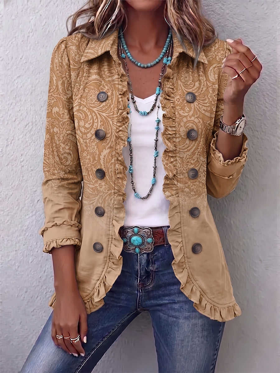 Chloe camel western ruffle jacket in Khaki, front view