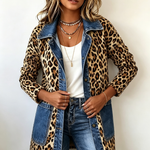 Nora leopard and denim longline jacket, view 3