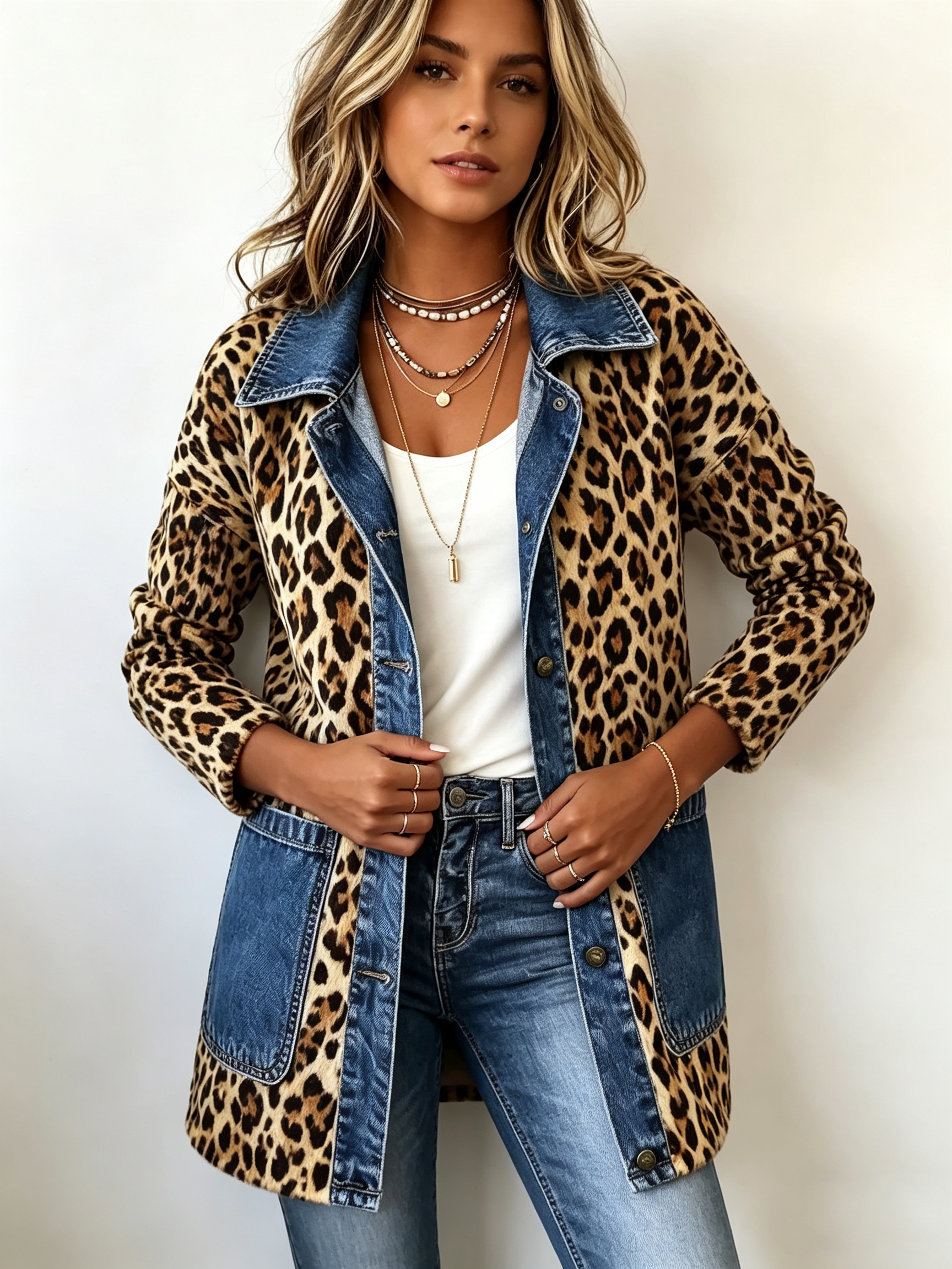 Nora leopard and denim longline jacket, view 3