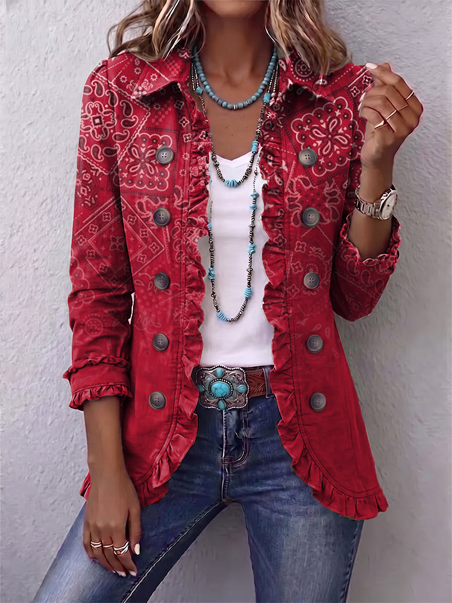 Riley red paisley ombré ruffle jacket, front view