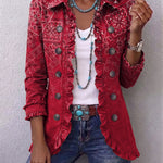 Riley red paisley ombré ruffle jacket, front view