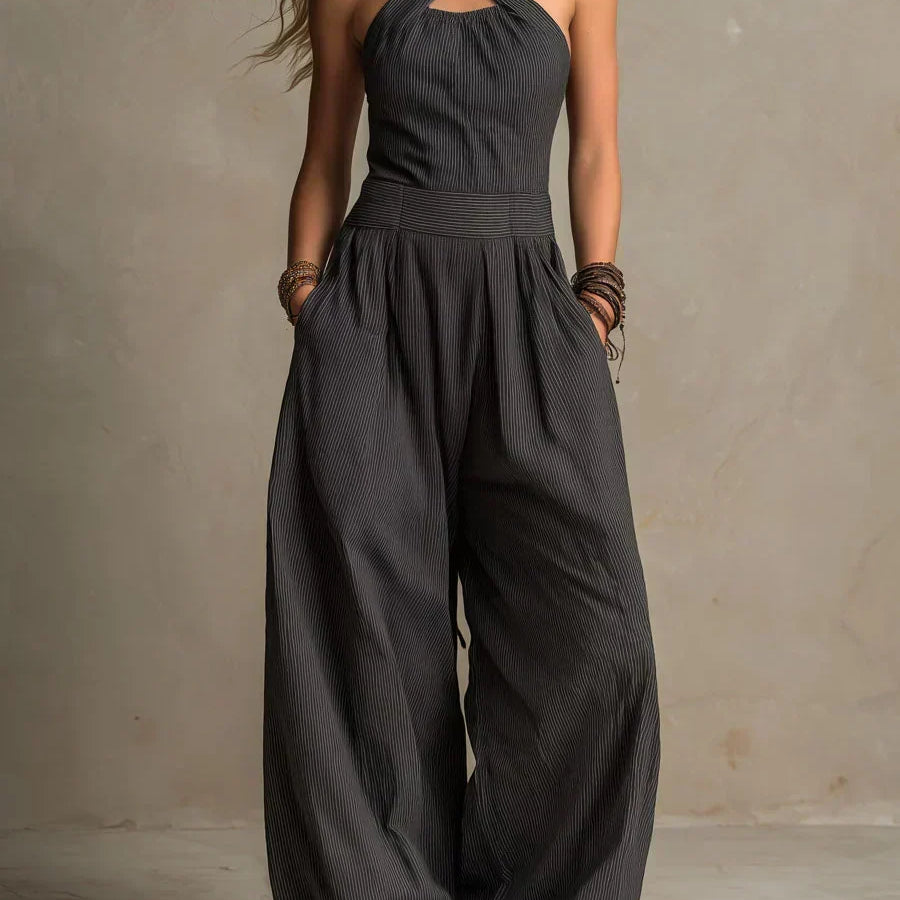 Adriana crossed halter neck jumpsuit in Black, front view