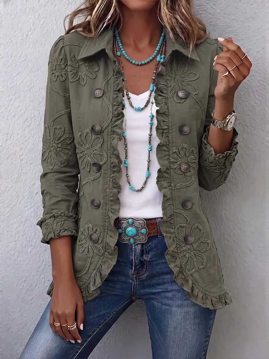 Olivia khaki embroidered ruffle jacket in Retro Green, front view