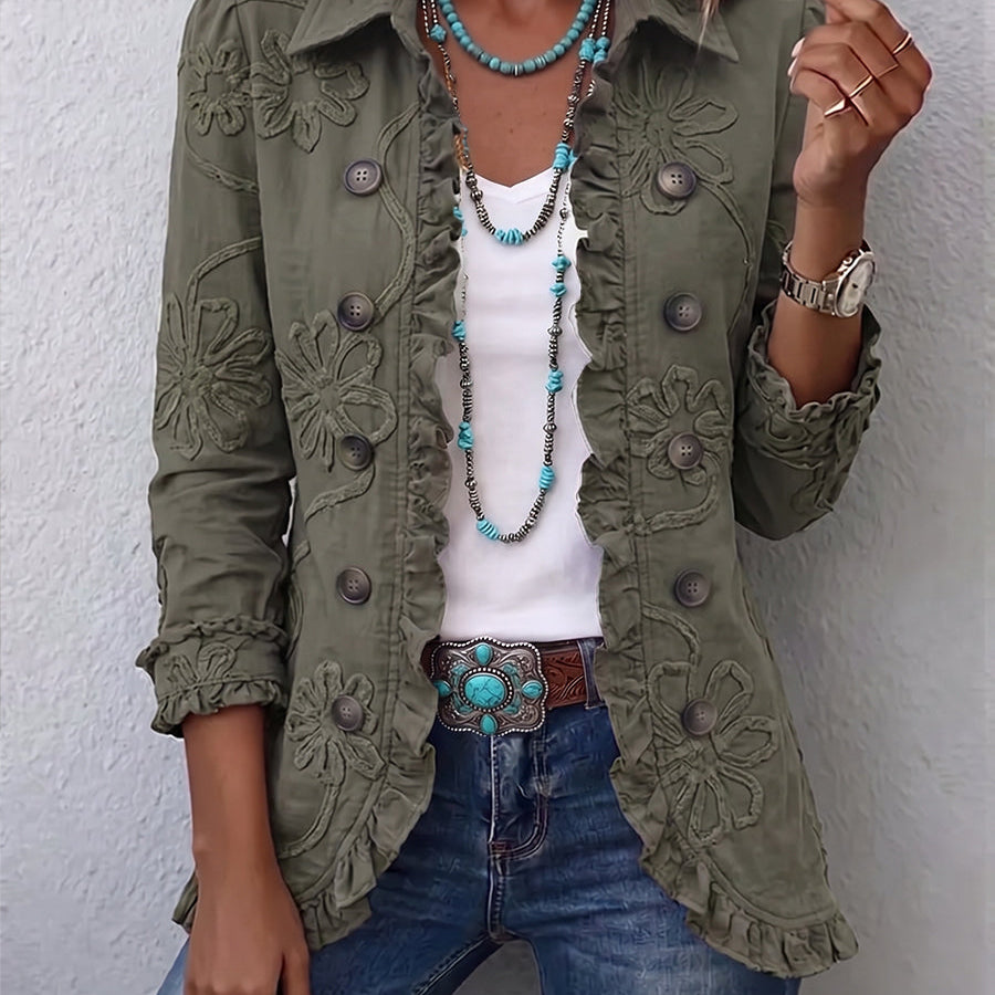 Olivia khaki embroidered ruffle jacket in Retro Green, front view