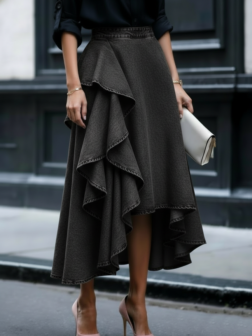 Layered ruffle denim skirt in Black, view 3