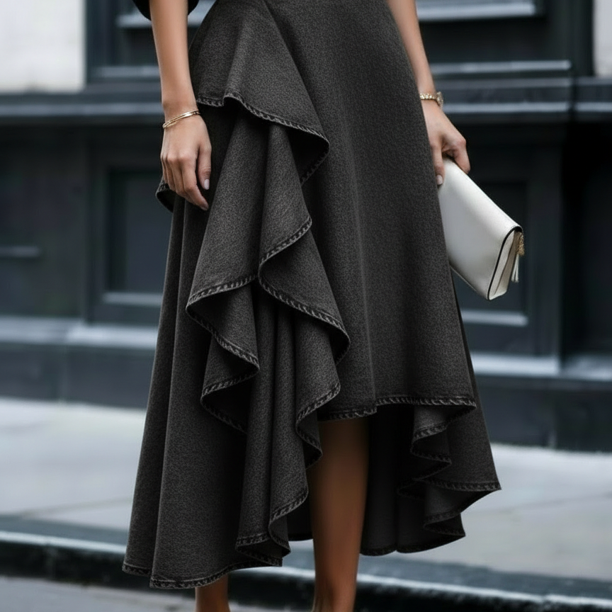 Layered ruffle denim skirt in Black, view 3