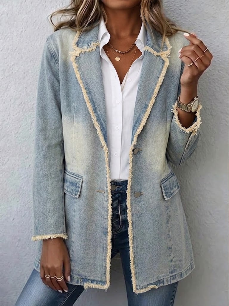 Hannah washed denim frayed blazer in Light Wash Blue, front view