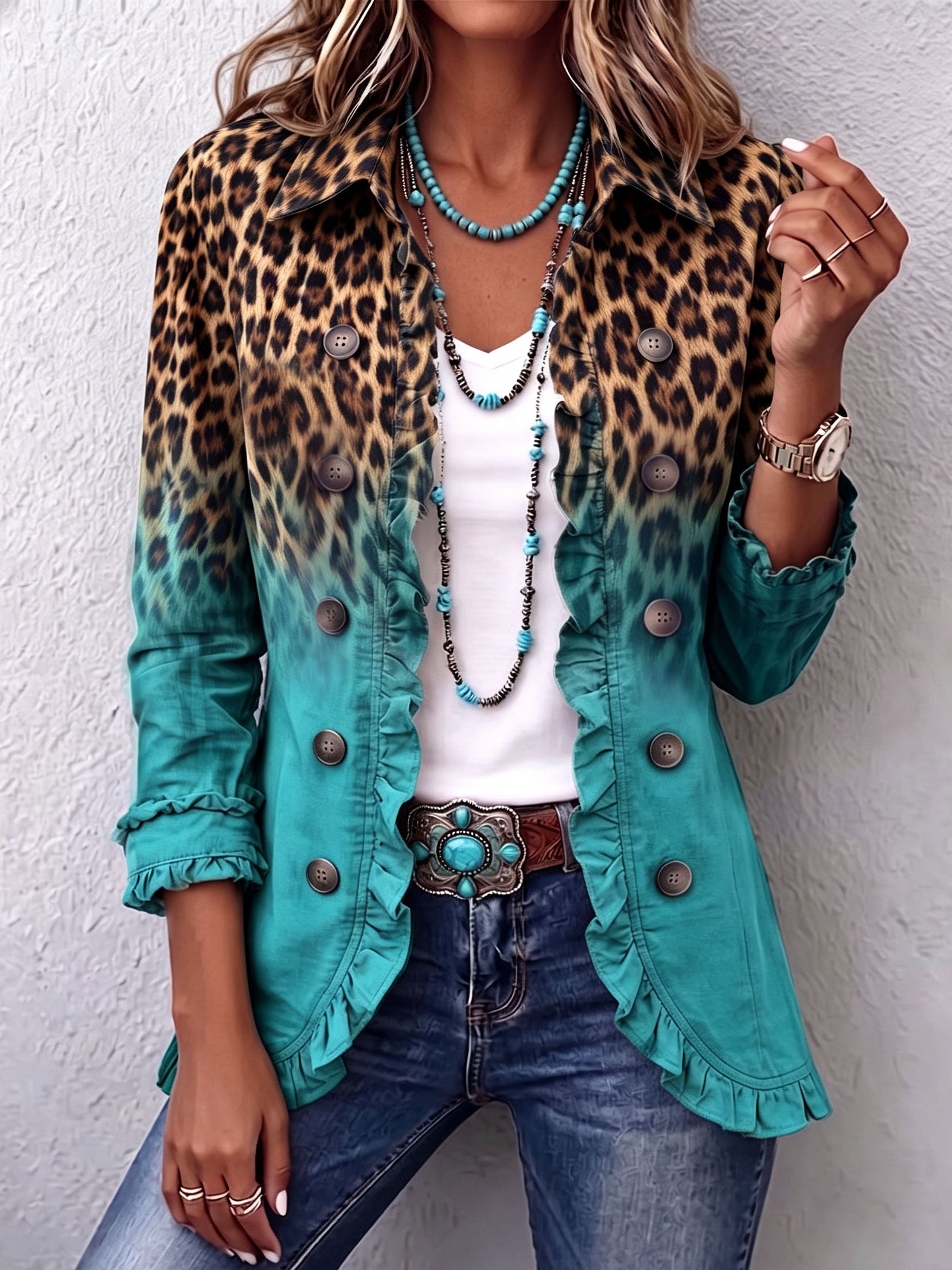 Emma leopard ombré ruffle jacket in Turquoise, front view