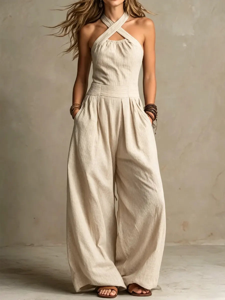 Adriana crossed halter neck jumpsuit in Beige, view 2