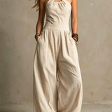 Adriana crossed halter neck jumpsuit in Beige, view 2