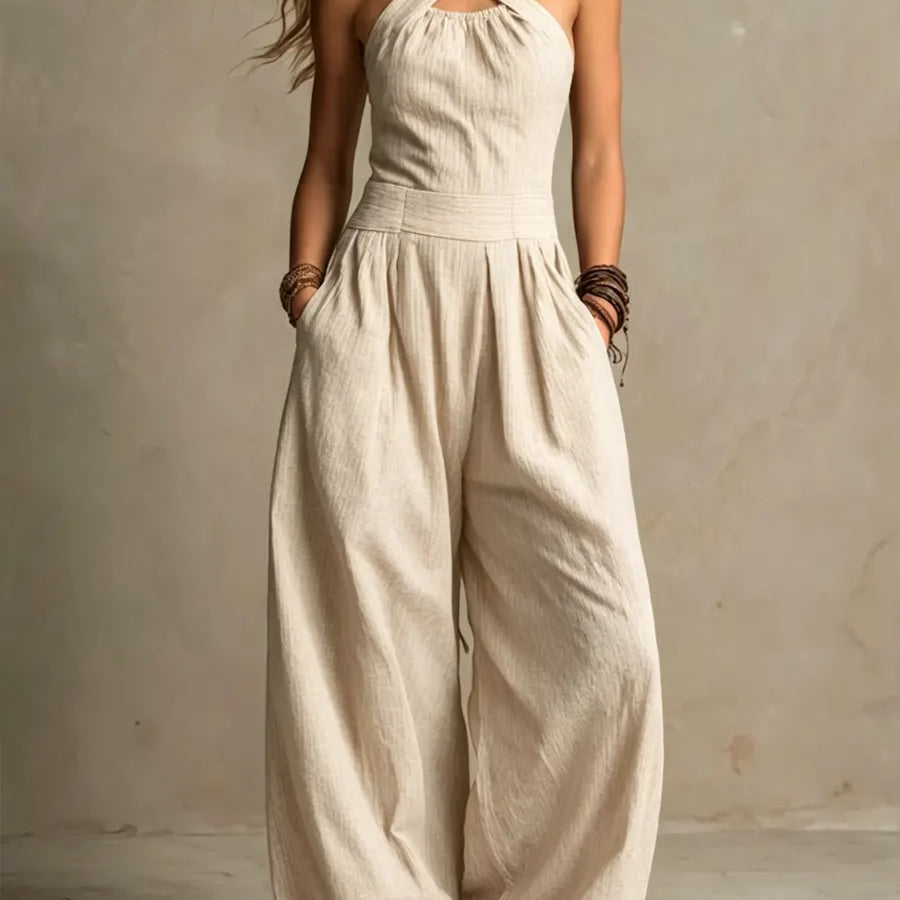 Adriana crossed halter neck jumpsuit in Beige, view 2