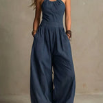 Adriana crossed halter neck jumpsuit in Blue, view 3