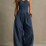 Adriana crossed halter neck jumpsuit in Blue, view 3