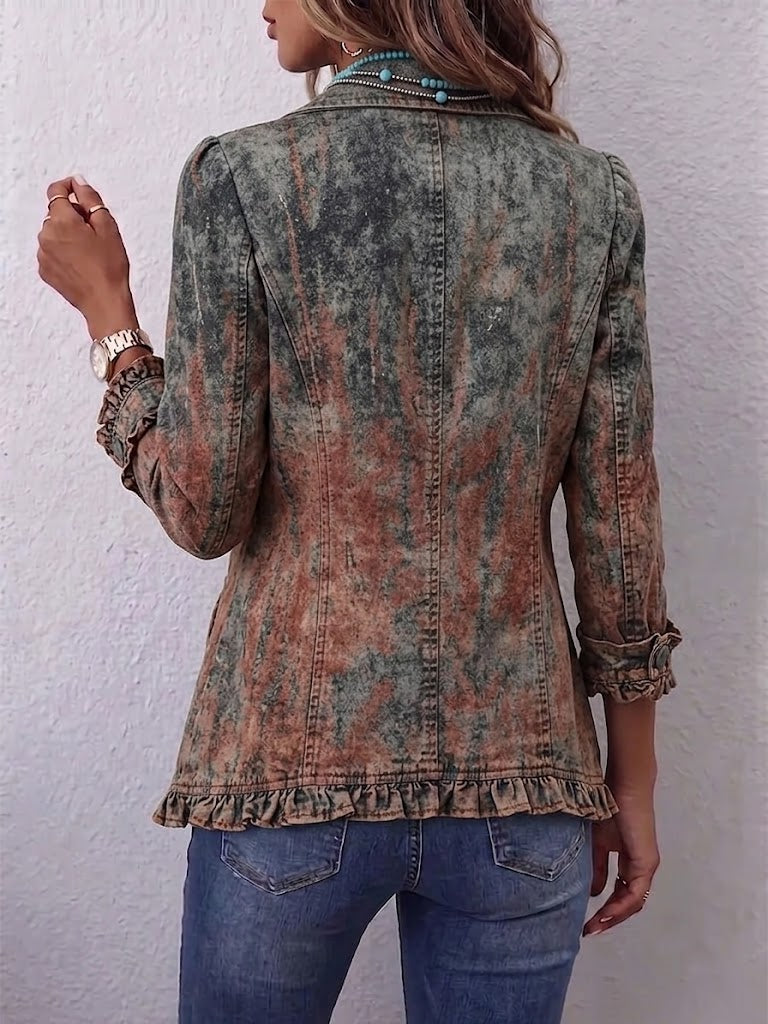 Zoey sage and rust ruffle jacket, view 2