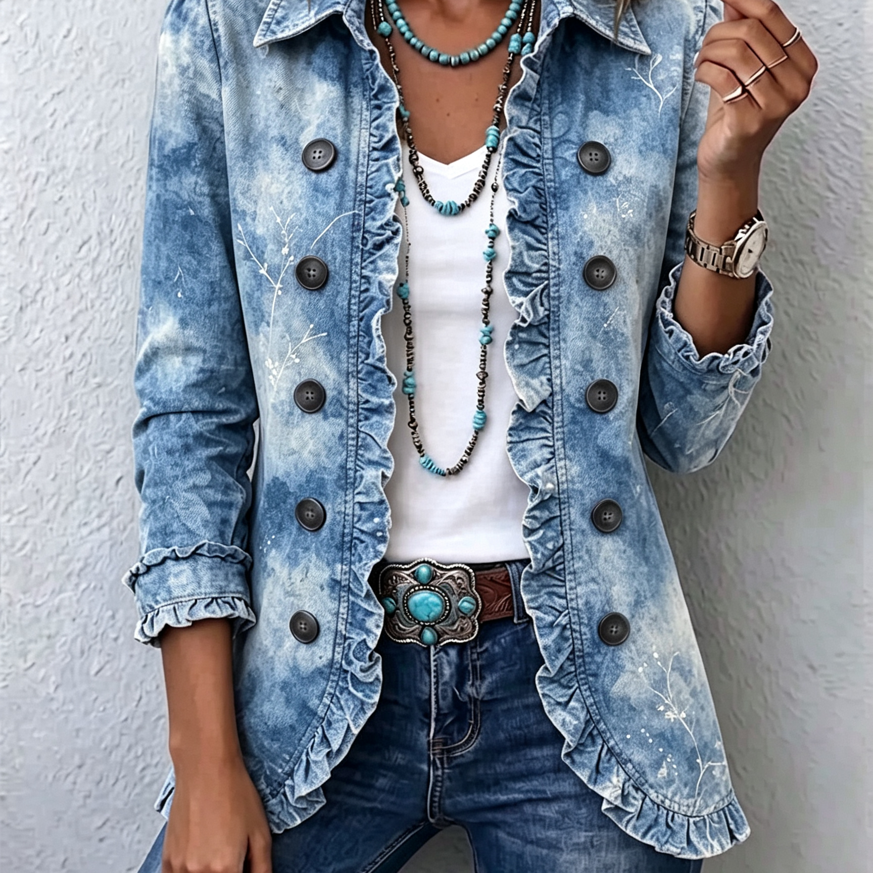 Sofia washed denim botanical jacket in Blue, front view