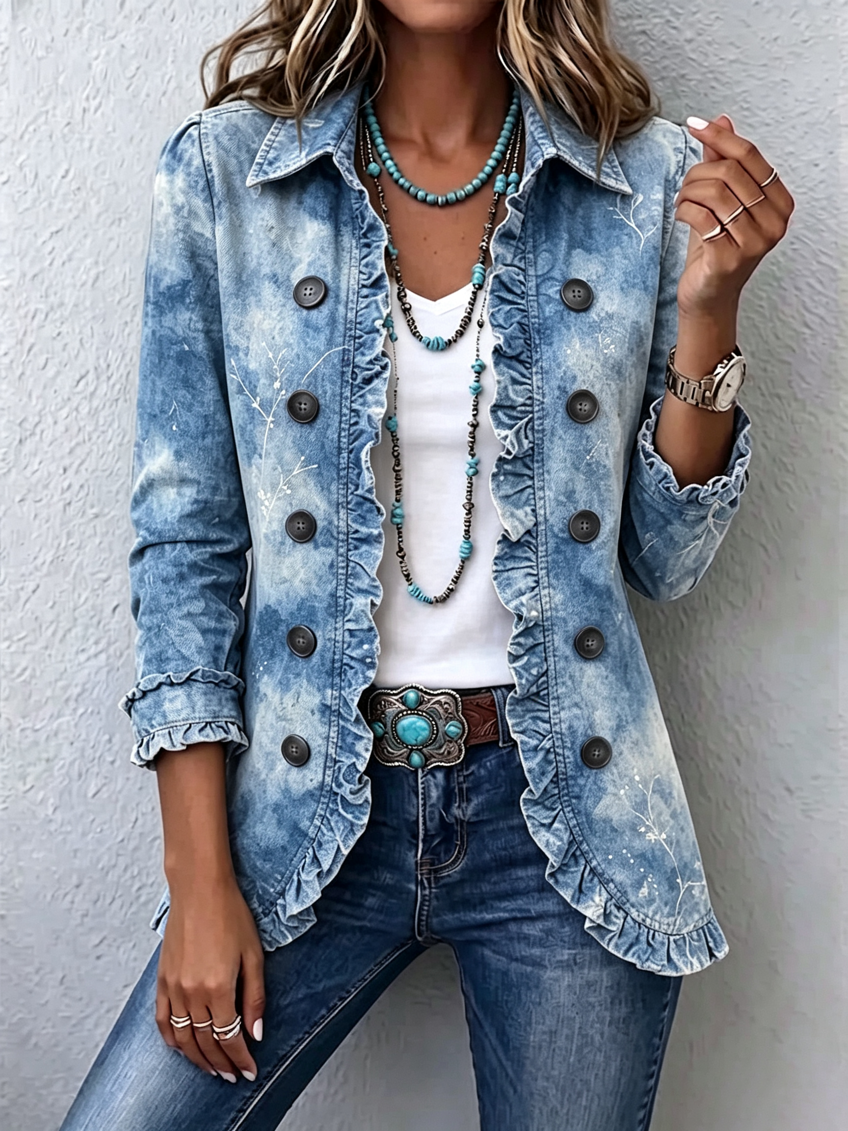 Sofia washed denim botanical jacket in Blue, front view