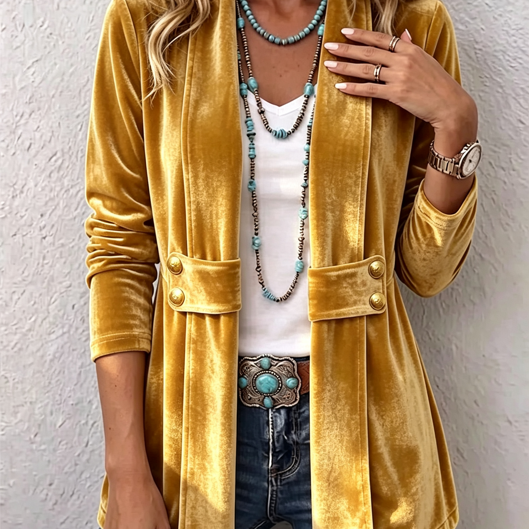 Avery velvet open-front jacket in Gold, view 5