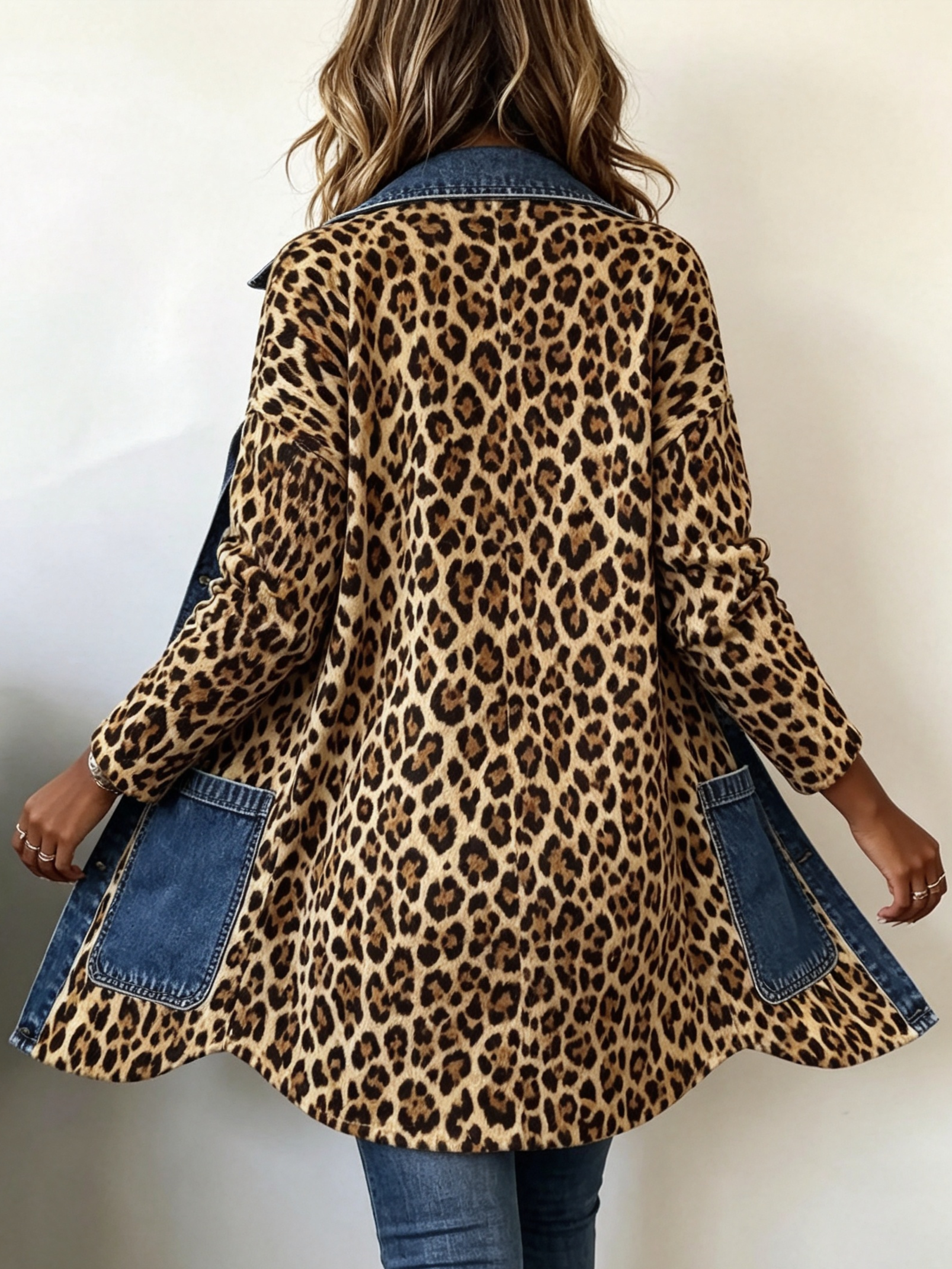 Nora leopard and denim longline jacket, view 4