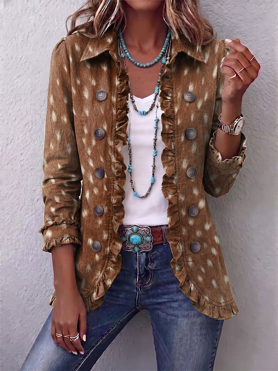 Layla tan deer print ruffle jacket in Brown, front view