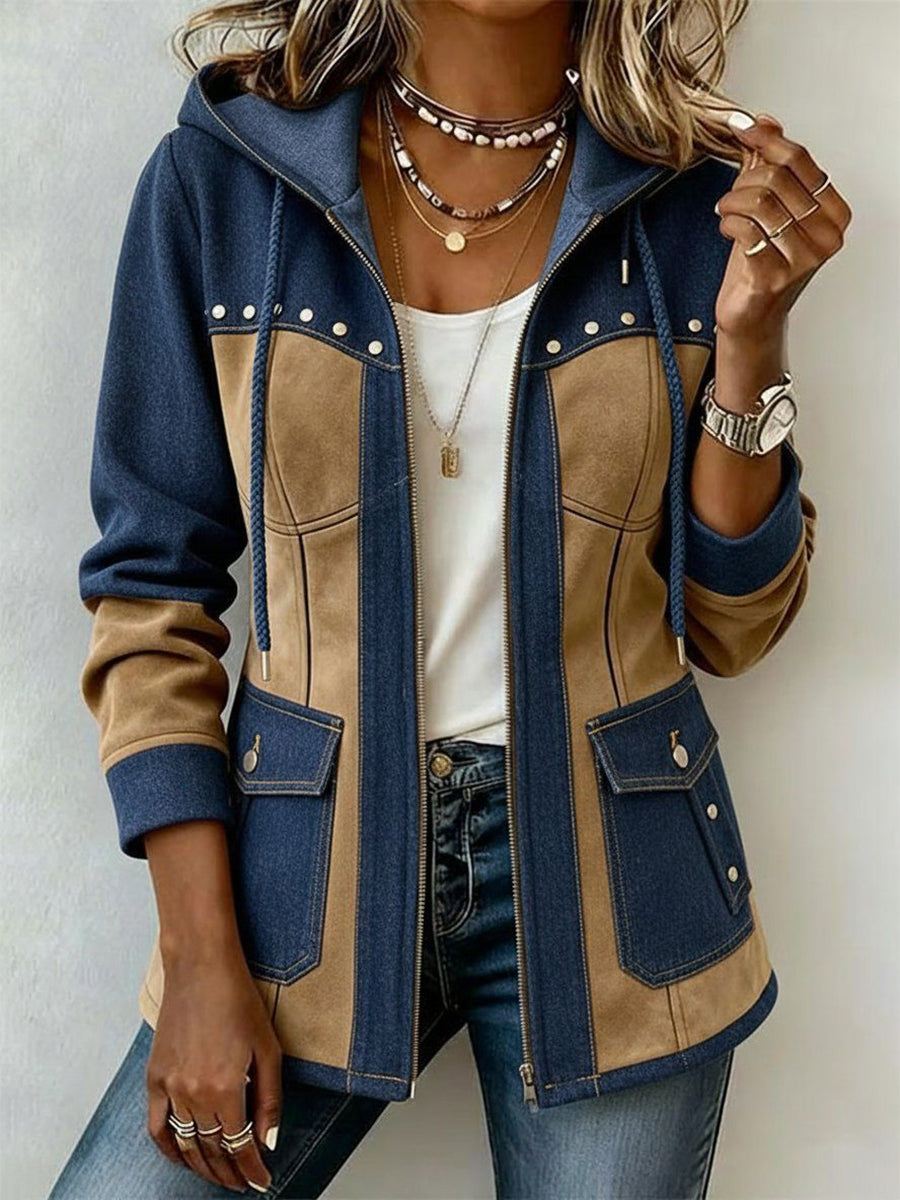 Ava navy and camel hooded jacket in Navy & Camel, front view
