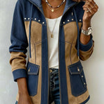 Ava navy and camel hooded jacket in Navy & Camel, front view